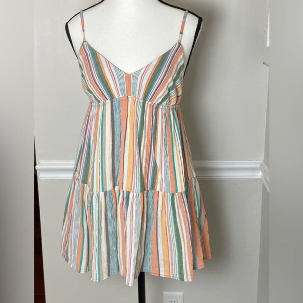 O'Neill Lottie XS Striped Sundress Beachy Boho Peach Sage Blue  Crinkle Swingy